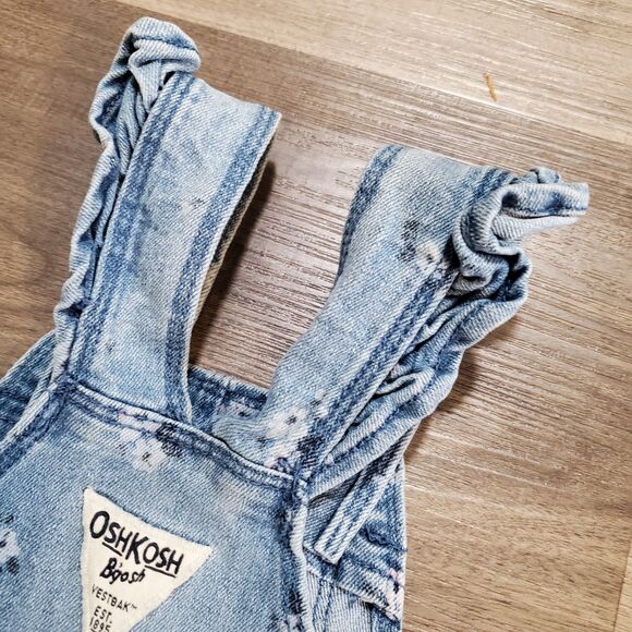 Vtg Oshkosh B'gosh Denim Floral overalls size 6 months Snap Leg Ruffel Strap - Picture 6 of 8